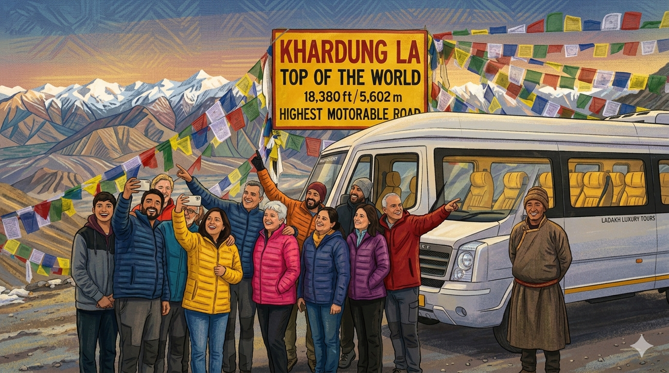 Group trip to Ladakh cost per person 2026 - happy group of 12 travelers at Khardung La pass 18380 feet with tempo traveller