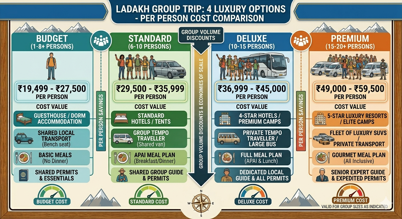  Group trip to Ladakh cost per person 2026 - pricing infographic by package tier
