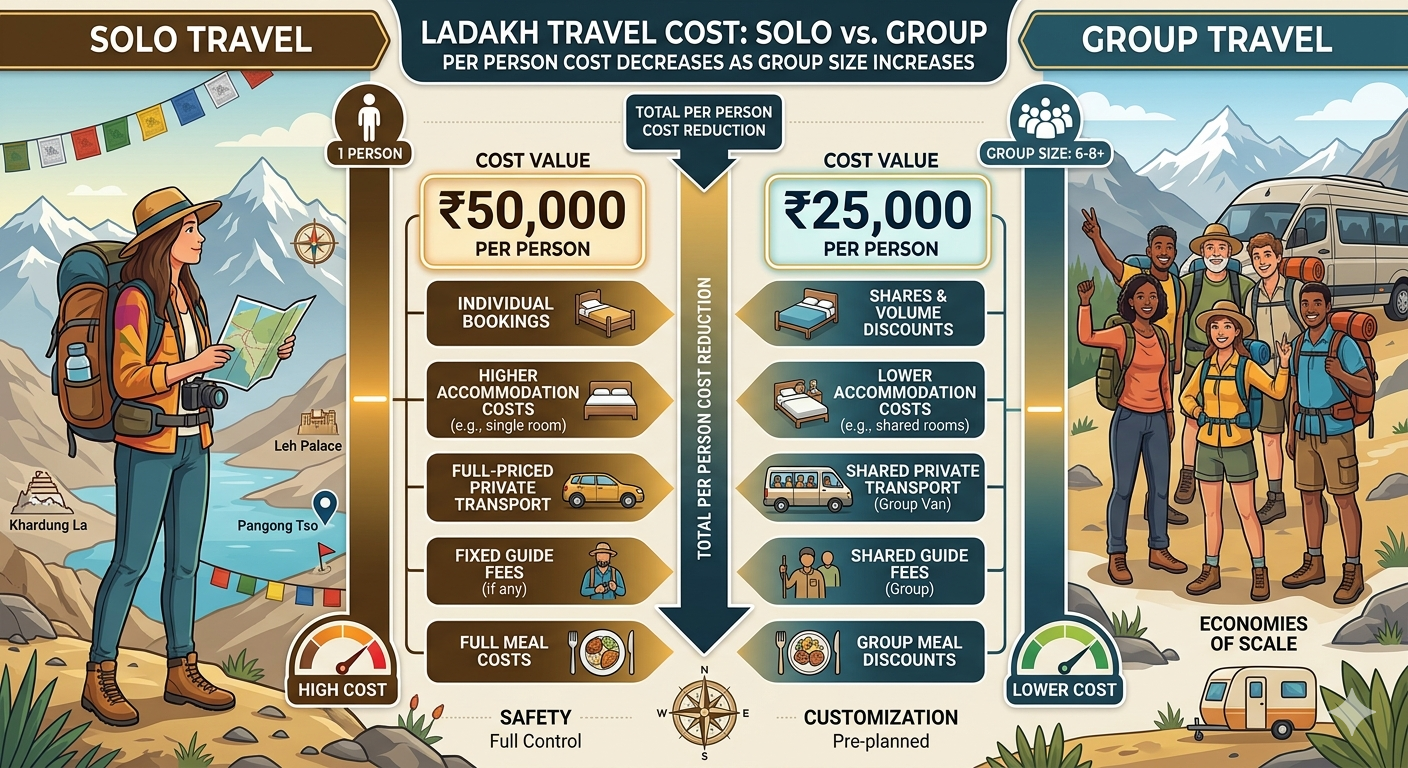 Group trip to Ladakh cost per person 2026 - solo vs group cost comparison
