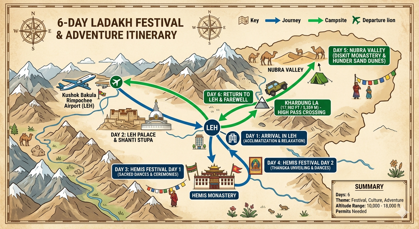 Hemis Festival Dates Ladakh 2026 | June 24-25 | Ladakh's Grand Celebration 10 Hemis Festival 2026 - 6 day itinerary map Leh to Hemis Monastery to Nubra Valley