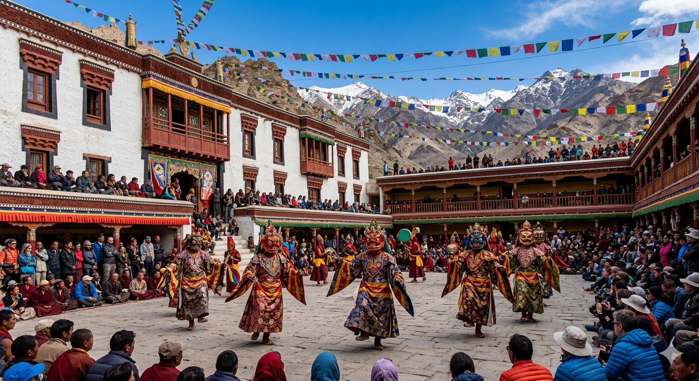 Hemis Festival Dates Ladakh 2026 | June 24-25 | Ladakh's Grand Celebration 7 Hemis Festival 2026 dates - monks performing Cham mask dance at Hemis Monastery Ladakh