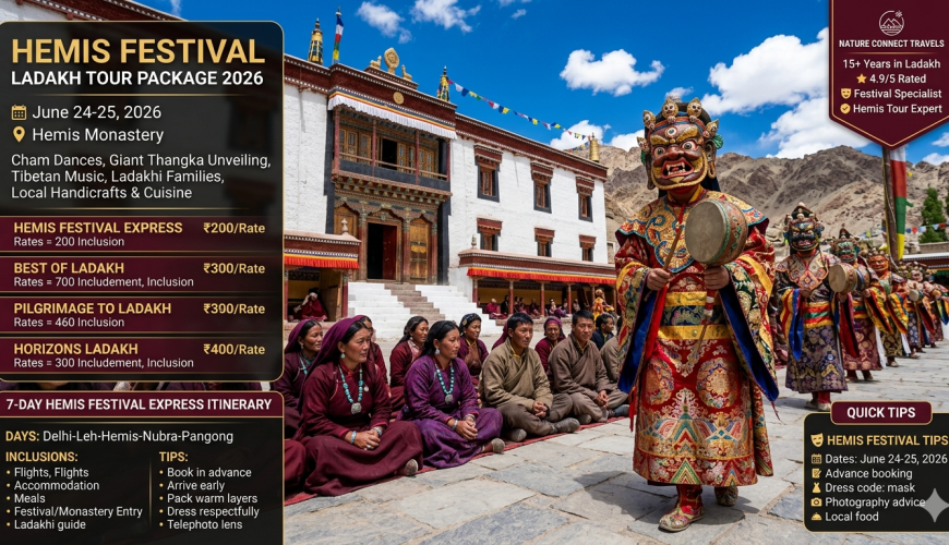 Hemis Festival Ladakh tour package 2026 - masked monk in colorful brocade robe performing Cham dance at Hemis Monastery, traditional mask, ritual drum, Ladakhi families in gonchas watching, monastery building and prayer flags in background, festival dates June 24-25 2026, Hemis Festival Express 7 days ₹32,500-39,500, Best of Ladakh 8 days A$3,890, Pilgrimage to Ladakh 16 days A$4,500, Horizons Ladakh 12 days €2,750, includes flights ex-Delhi, accommodation, breakfast+dinner, private vehicle, Hemis entry, monastery fees, permits