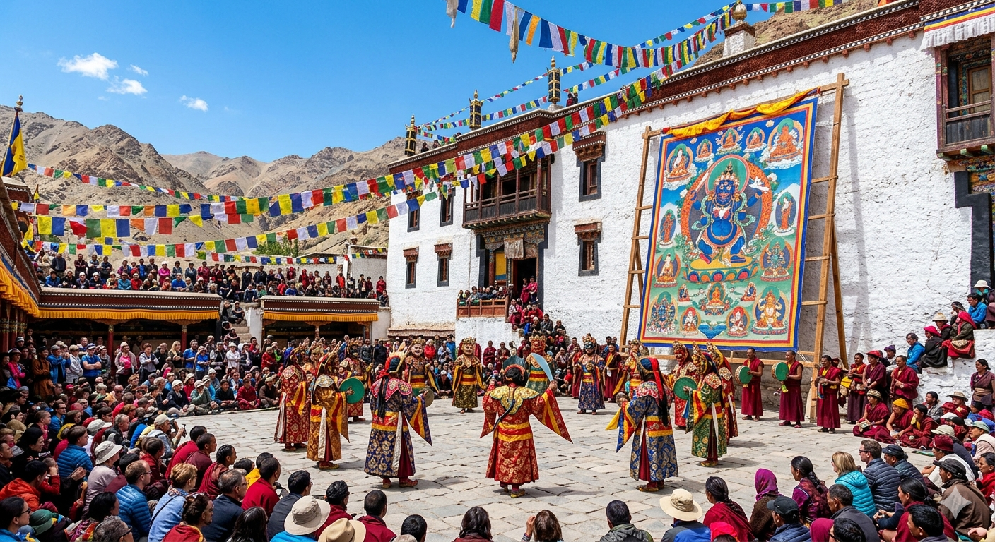 Hemis Festival Dates Ladakh 2026 | June 24-25 | Ladakh's Grand Celebration 9 Hemis Festival courtyard filled with spectators watching Cham dance at Hemis Monastery