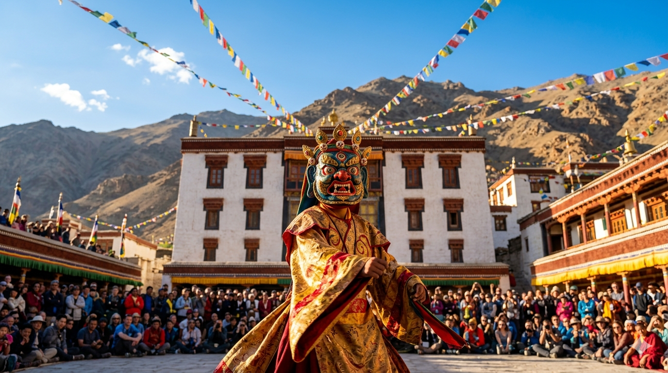 Hemis Festival dates ladakh - monk in colorful Cham mask at Hemis Monastery Ladakh during the two-day celebration