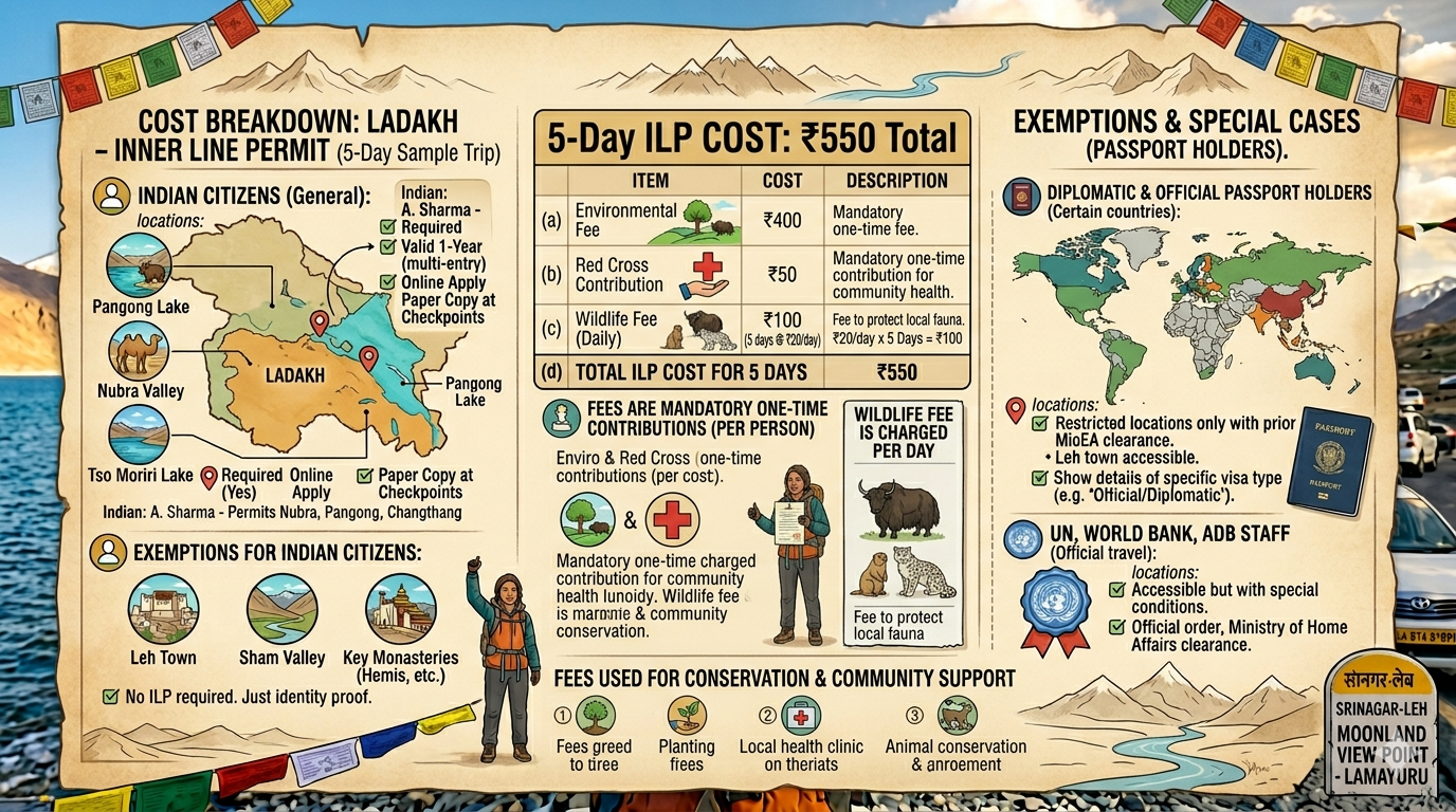 Best Inner Line Permit for Ladakh 2026 | Apply Online | Cost & Rules 9 Inner Line Permit for Ladakh 2026 - cost breakdown infographic