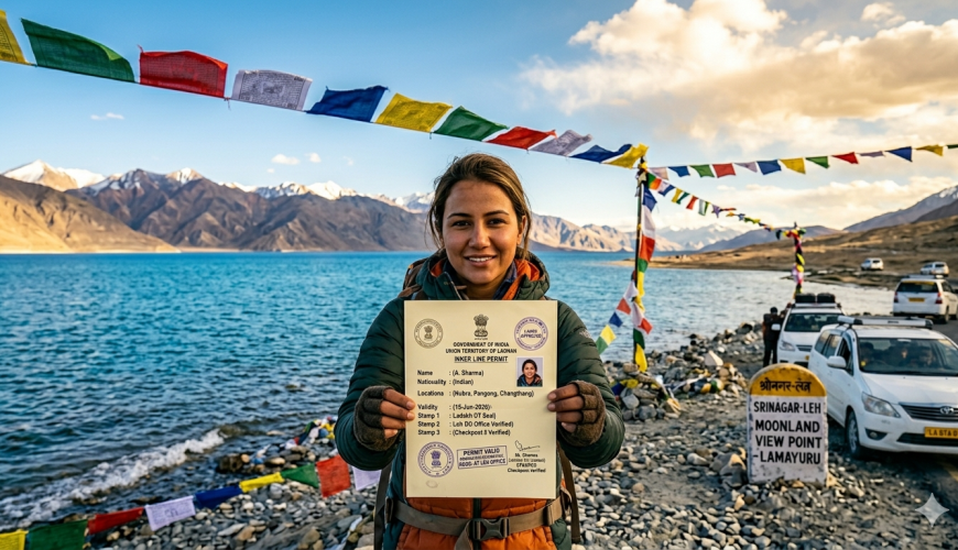 Inner Line Permit for Ladakh 2026 - traveler holding official permit with Pangong Lake backdrop