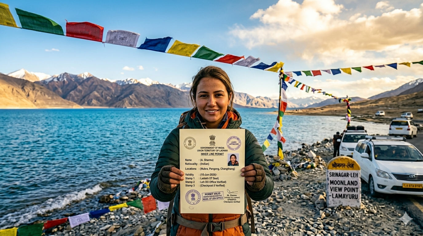 Inner Line Permit for Ladakh 2026 - traveler holding official permit with Pangong Lake backdrop