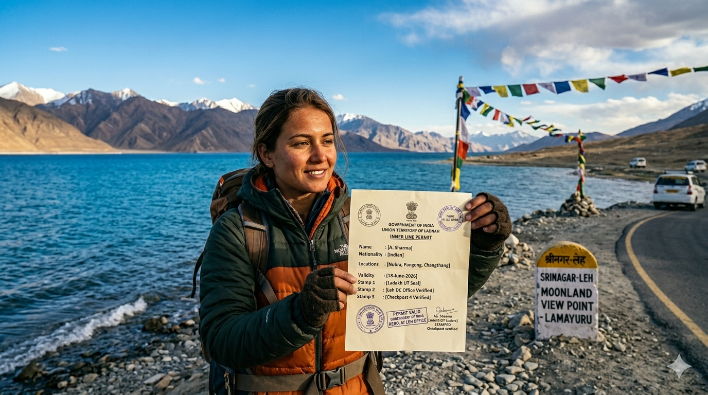 Best Inner Line Permit for Ladakh 2026 | Apply Online | Cost & Rules 7 Inner Line Permit for Ladakh 2026 - traveler holding permit with Pangong Lake background