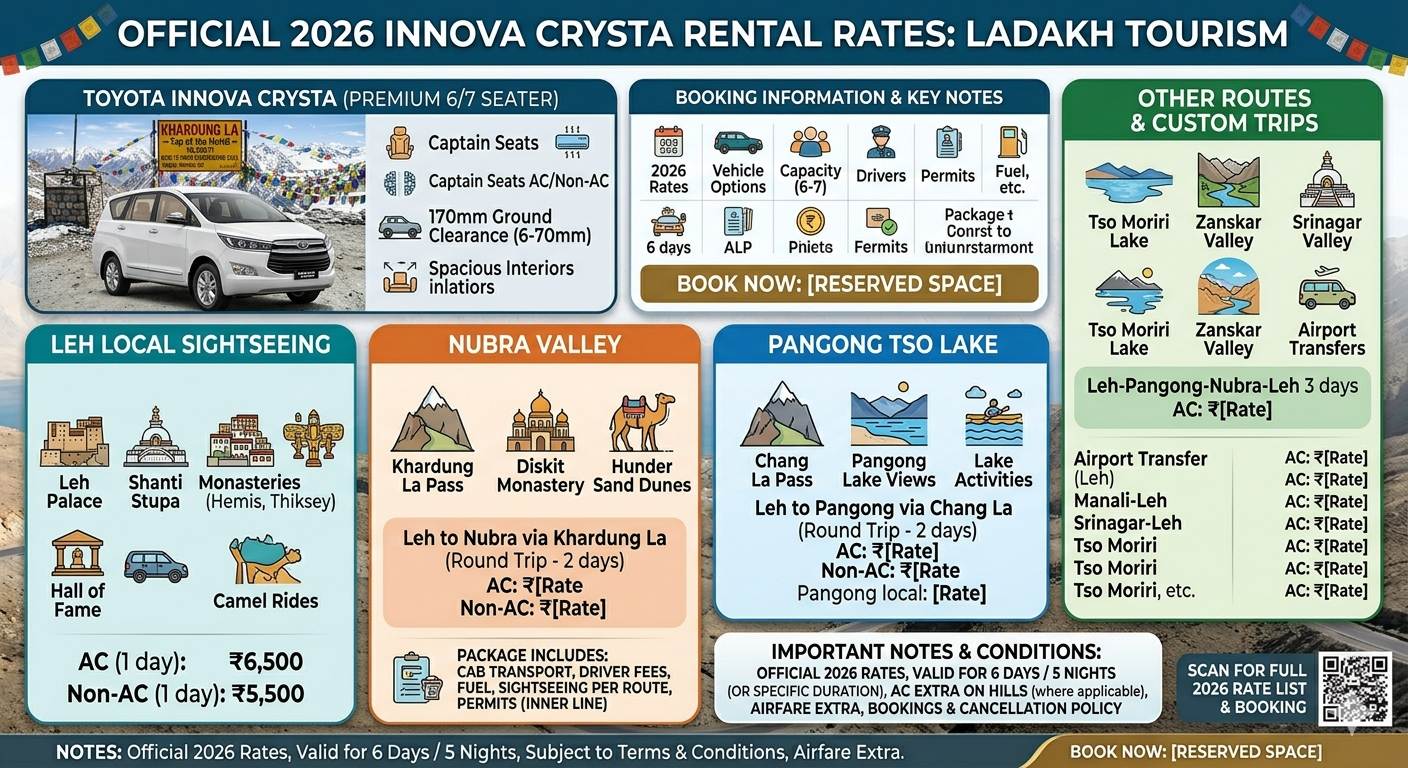 Innova Crysta rental Leh Ladakh 2026 official rate chart for all popular routes