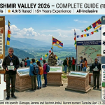 Innova Crysta taxi Kashmir 2026 - white Toyota Innova Crysta at scenic valley viewpoint with professional Kashmiri chauffeur in white gloves and karakul hat offering folded hands greeting, lush green Kashmir Valley, snow-capped peaks, prayer flags, Srinagar airport to city ₹1,900, Srinagar to Gulmarg one way ₹3,500-4,500 round trip ₹4,900-6,500, Srinagar to Pahalgam one way ₹4,500-4,600 round trip ₹6,900, Srinagar to Sonmarg one way ₹4,500-4,600 round trip ₹5,800-6,500, Srinagar to Leh 2 days ₹28,000, Leh local sightseeing ₹3,000-4,000, 6-day Kashmir itinerary included, 7-seater captain seats, powerful 2.4L engine, includes driver, fuel, tolls, parking, sanitized vehicle