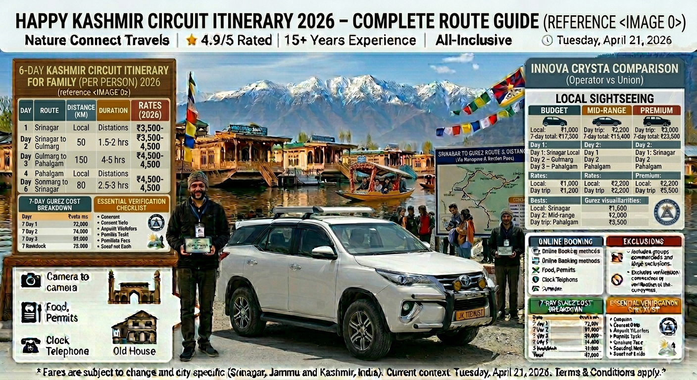 Innova Crysta taxi Kashmir - 6-day Kashmir tour route map with Gulmarg Pahalgam and Sonmarg