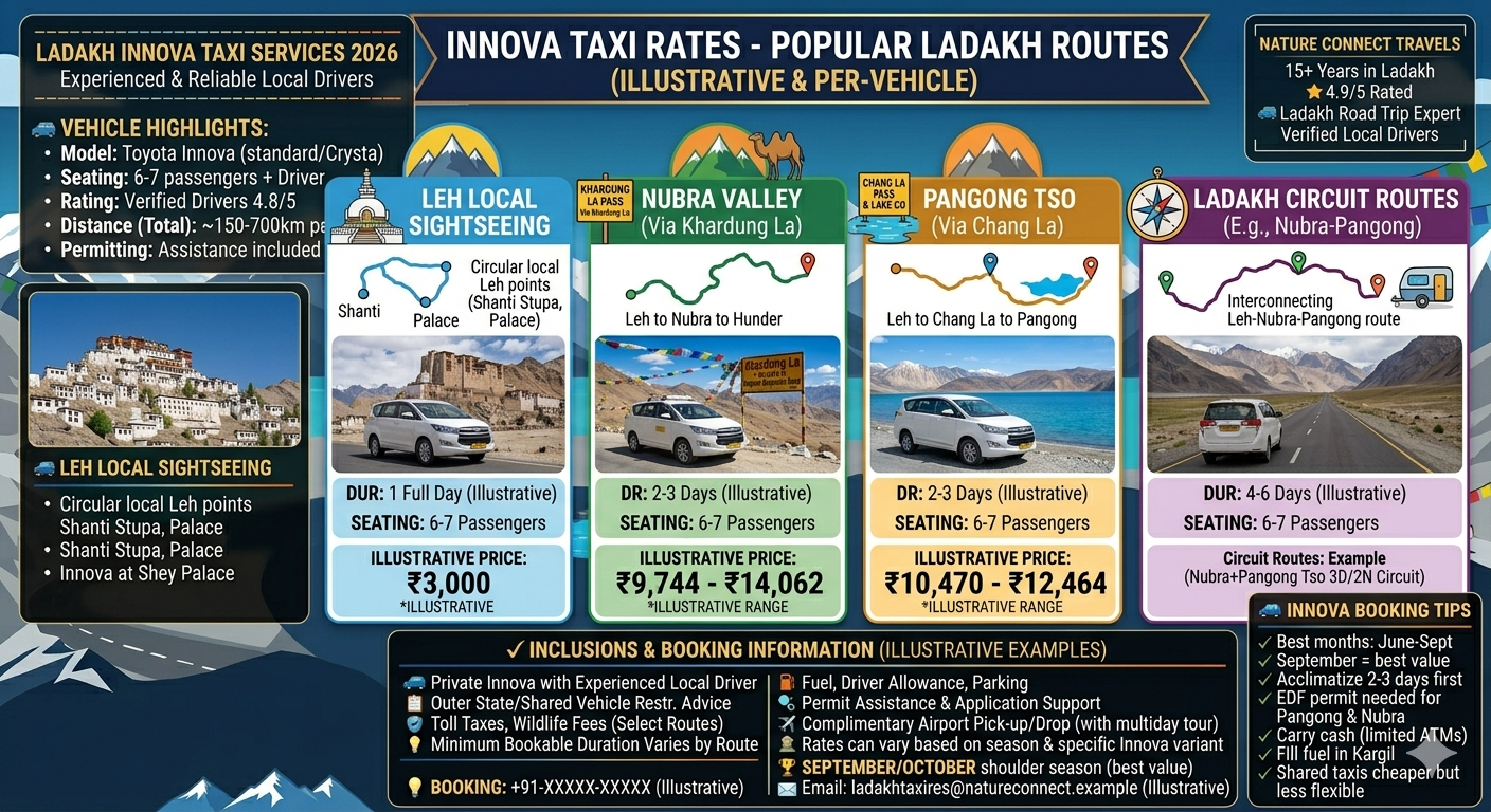 Innova cab rental Leh Ladakh 2026 - price comparison chart for Leh local Nubra Pangong and circuit routes