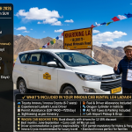 Innova cab rental Leh Ladakh 2026 - white Toyota Innova Crysta at Khardung La 18380 feet with Ladakhi driver giving thumbs up, prayer flags, official taxi rates Leh local ₹3,000, Nubra Valley 2 days ₹11,807-14,062, Pangong Tso 2 days ₹12,464-13,087, Nubra-Pangong circuit 3 days ₹22,410, Tso Moriri 2 days ₹14,276-17,282, Srinagar to Leh 2 days ₹22,264, Manali to Leh one way ₹20,000-22,000, extra charges night halt ₹385 per night, AC on demand ₹9 per km, includes driver, oxygen, permits, tolls