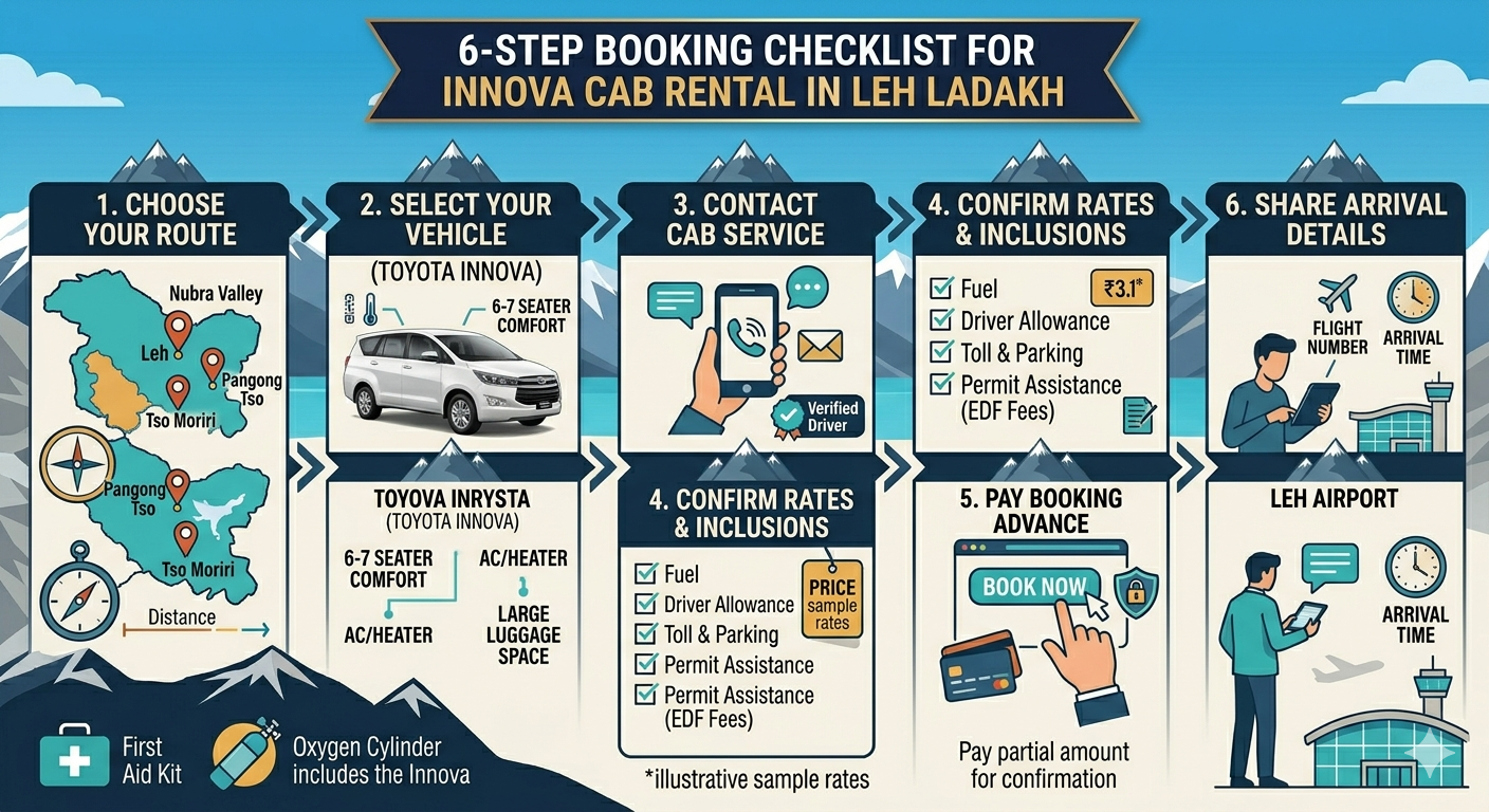  Innova cab rental Leh Ladakh - 6-step booking checklist infographic