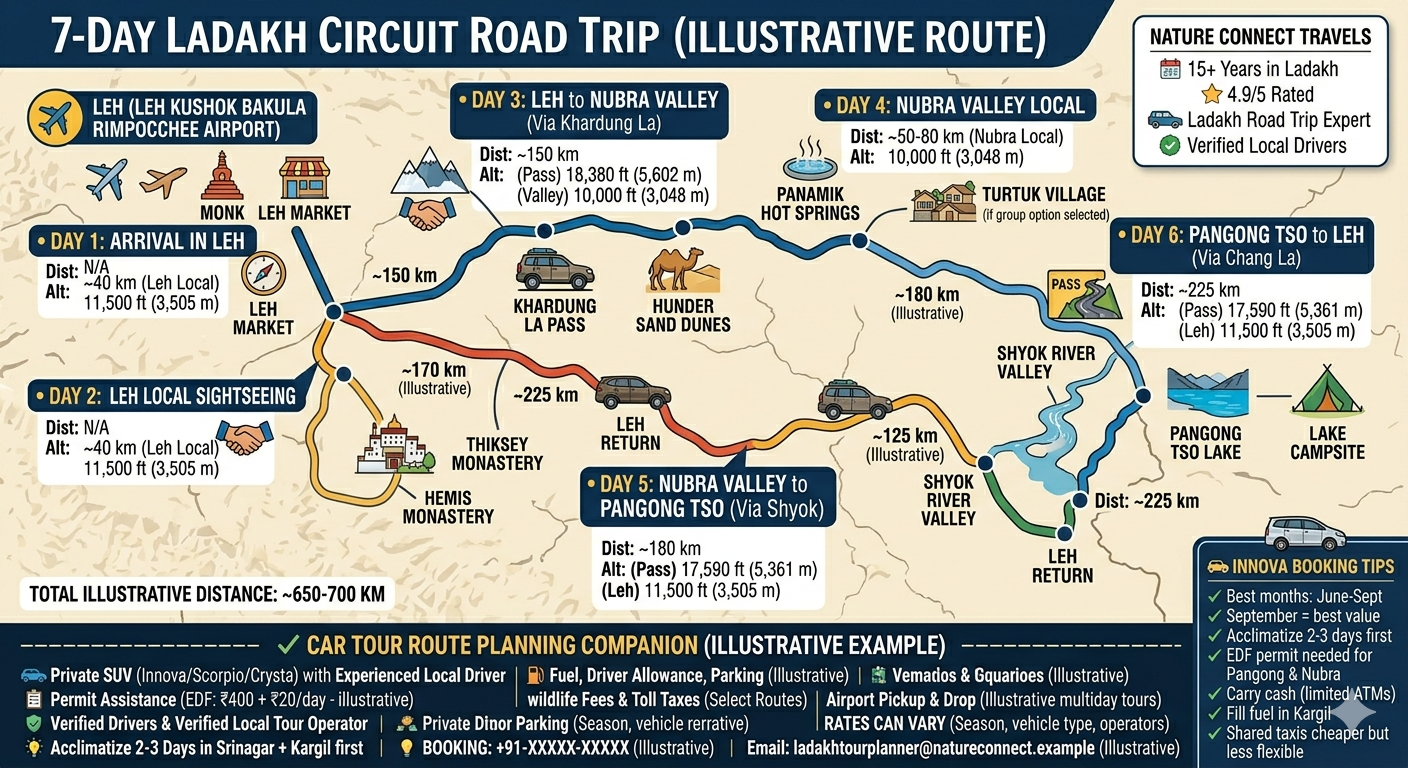 Innova cab rental Leh Ladakh - 7-day route map from Leh to Nubra to Pangong with altitudes
