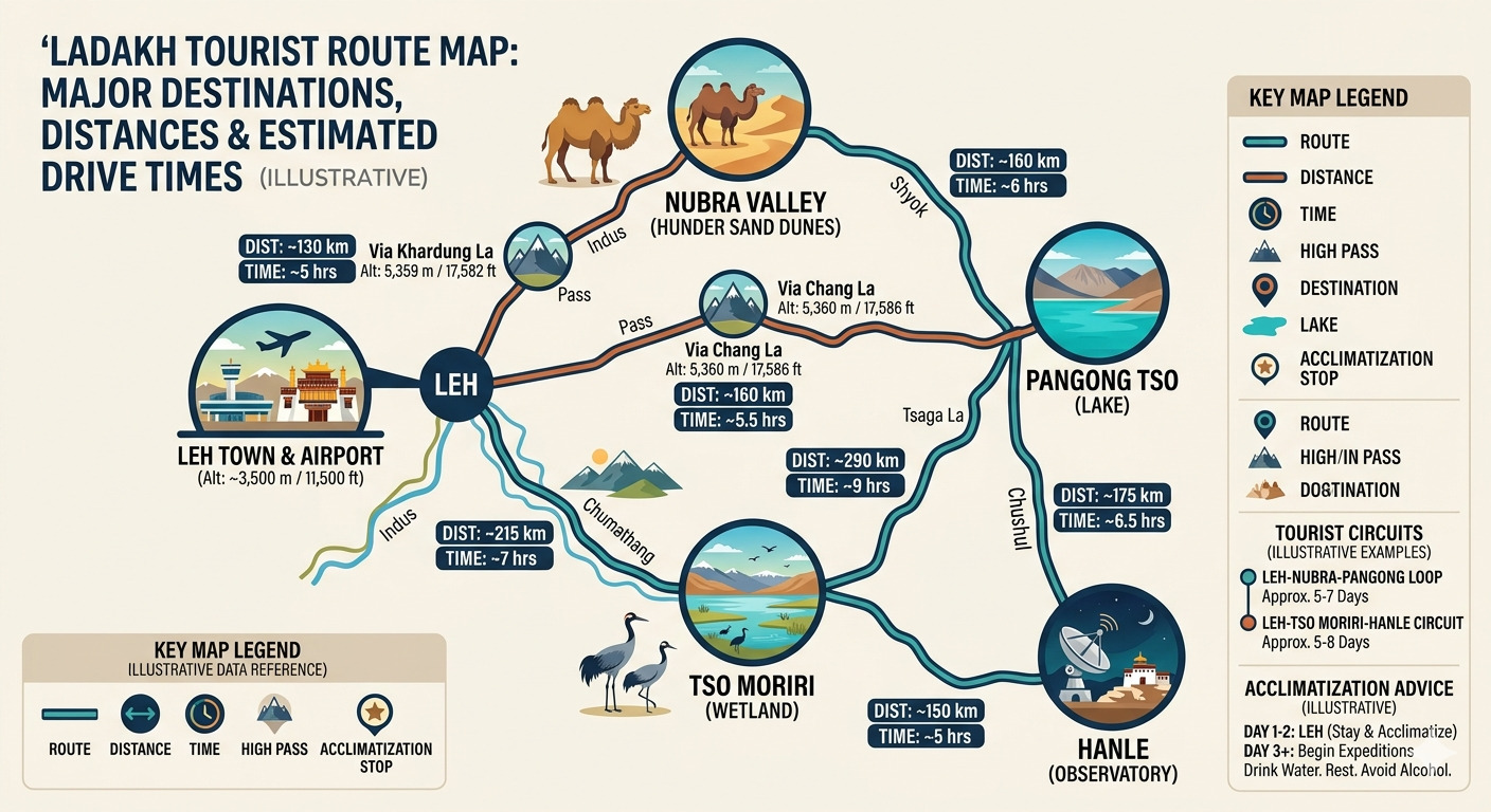  Innova cab rental Leh Ladakh - Ladakh route map showing Leh Nubra Pangong Tso Moriri and Hanle