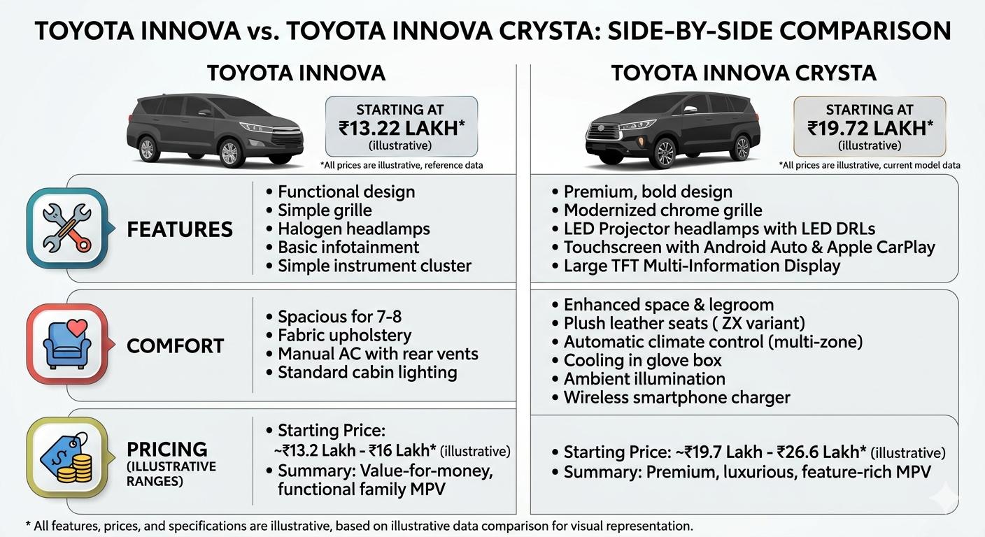 Innova cab rental Leh Ladakh - comparison of standard Innova and Innova Crysta features