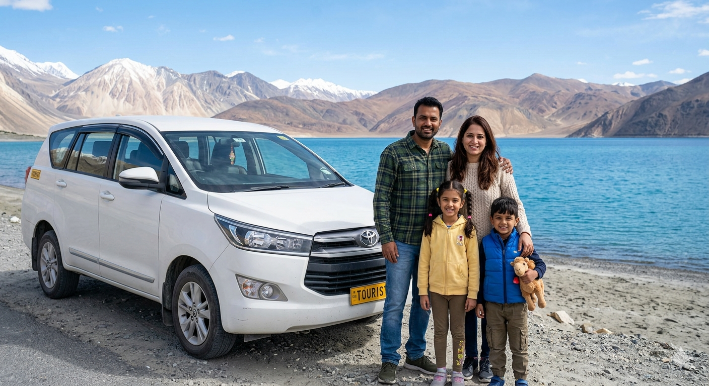 Innova cab rental Leh Ladakh - family with Innova SUV at Pangong Lake
