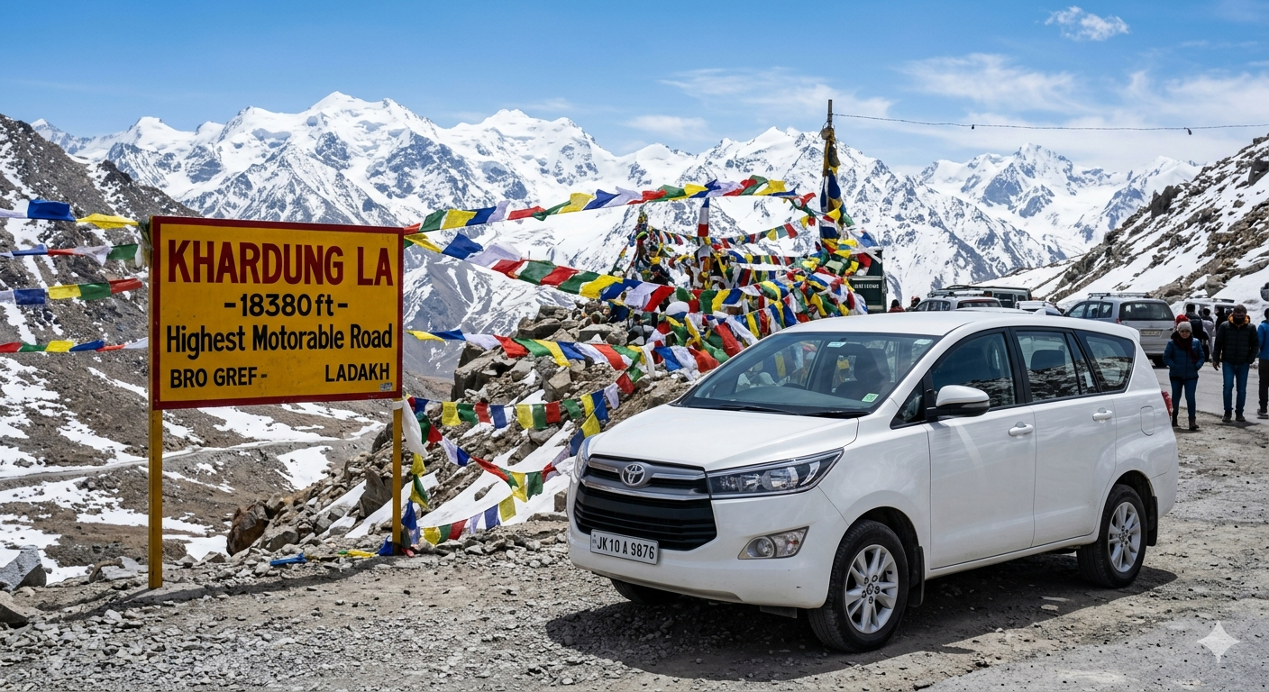 Innova cab rental Leh Ladakh - white Toyota Innova Crysta at Khardung La pass with prayer flags and mountains