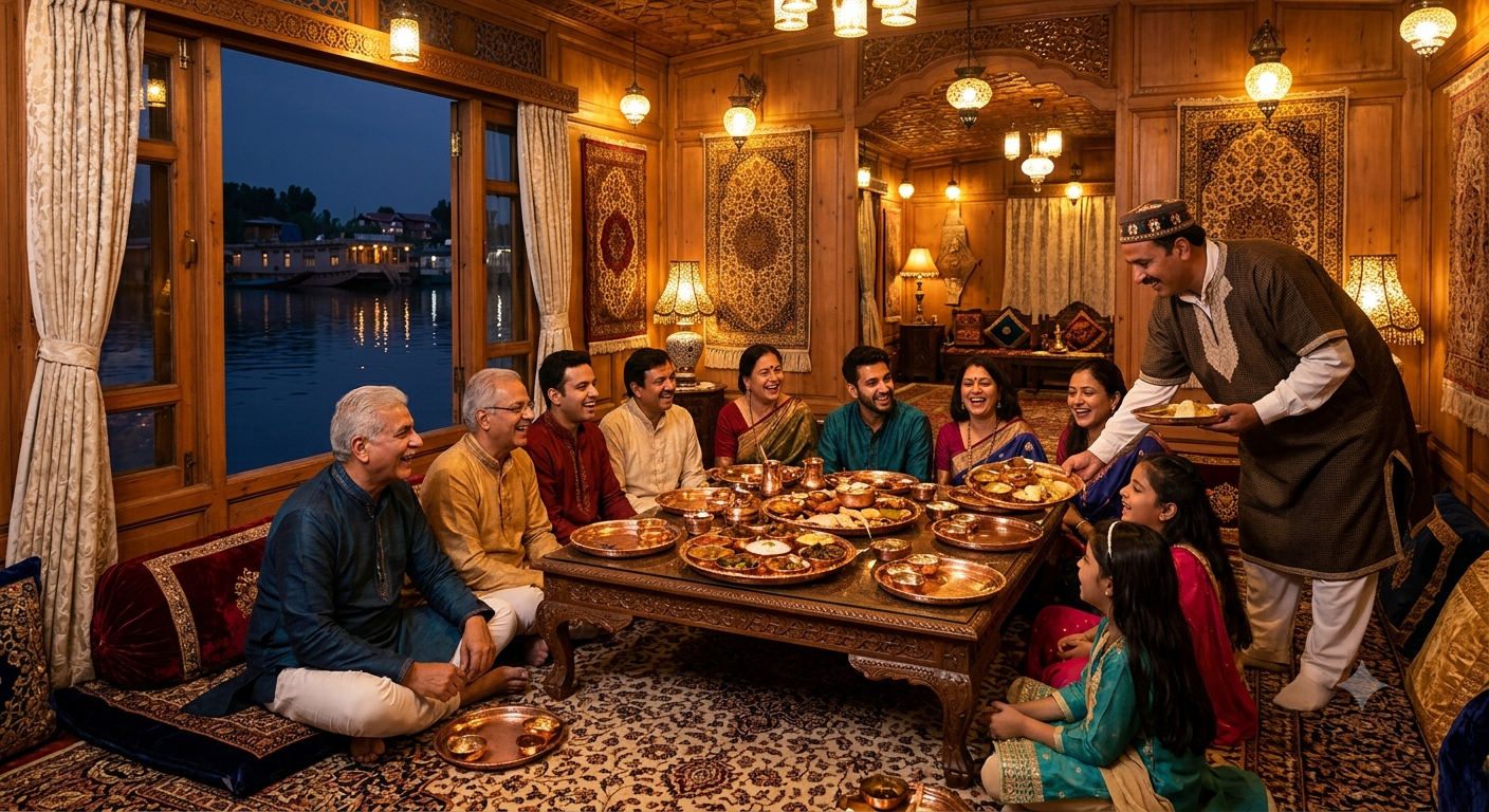 Best Kashmir Family Tour Package 2026 | Exclusive Deals 9 Joint family enjoying a traditional Wazwan feast during their luxury Kashmir family vacation package on a houseboat