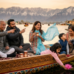 Joyful multi-generational Indian family bonding on a luxurious Shikara ride during their ultimate Kashmir family tour package at golden hour on Dal Lake
