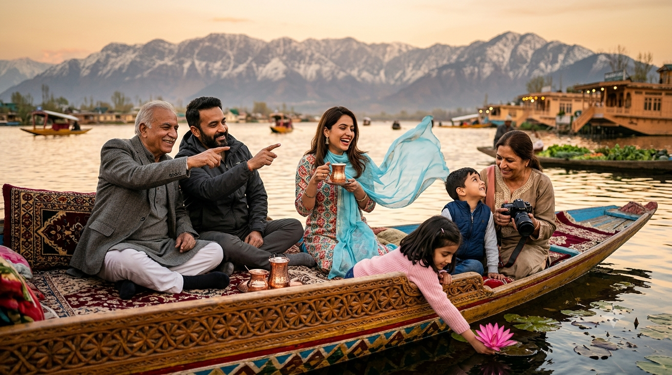 Joyful multi-generational Indian family bonding on a luxurious Shikara ride during their ultimate Kashmir family tour package at golden hour on Dal Lake