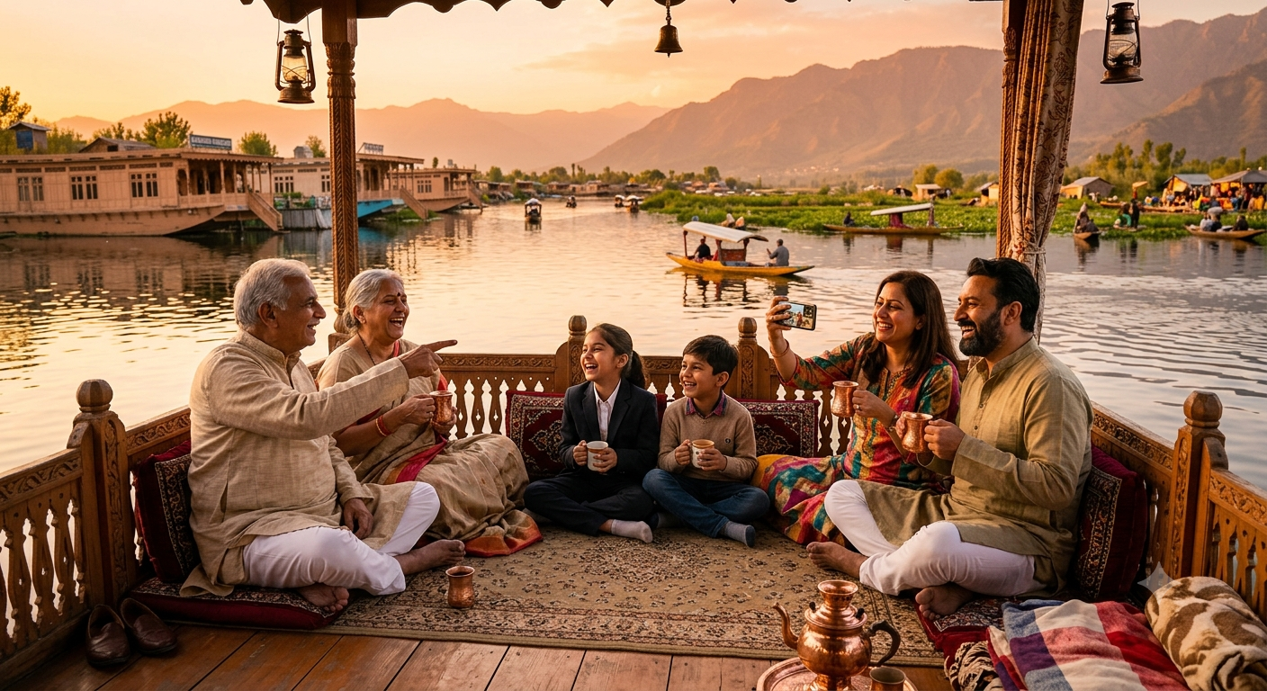 Best Kashmir Family Tour Package 2026 | Exclusive Deals 7 Joyful multi-generational family enjoying a luxury Kashmir family tour package on a Dal Lake houseboat at sunset