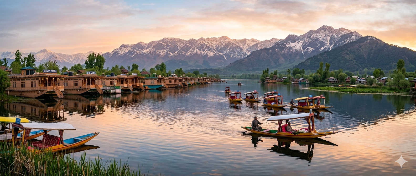 Kashmir 5 nights 6 days package cost per person 2026 - Dal Lake houseboat sunrise