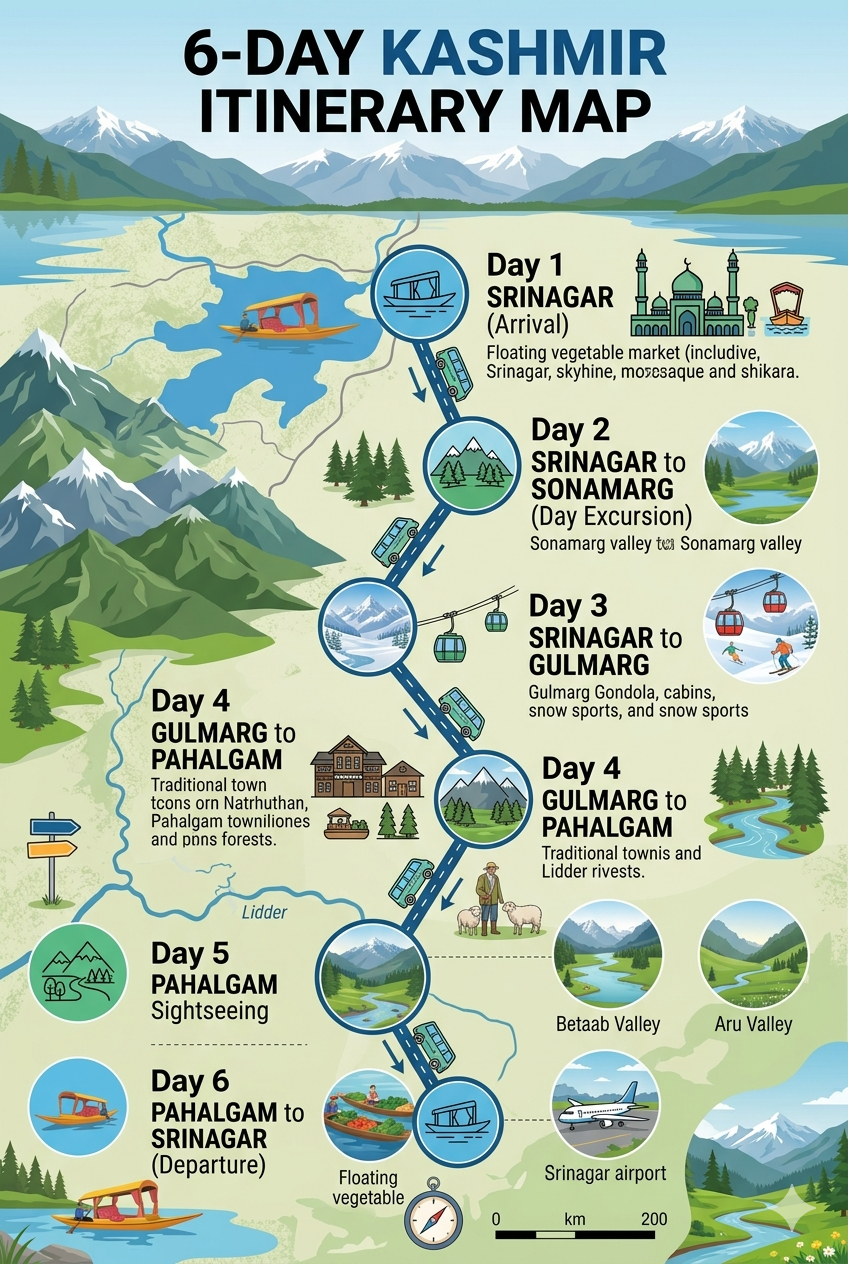 Kashmir 5 nights 6 days package cost per person 2026 - complete itinerary map