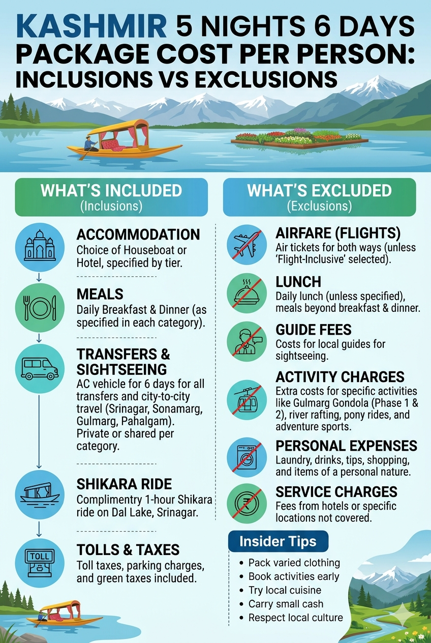 Kashmir 5 nights 6 days package cost per person 2026 - inclusions and exclusions infographic
