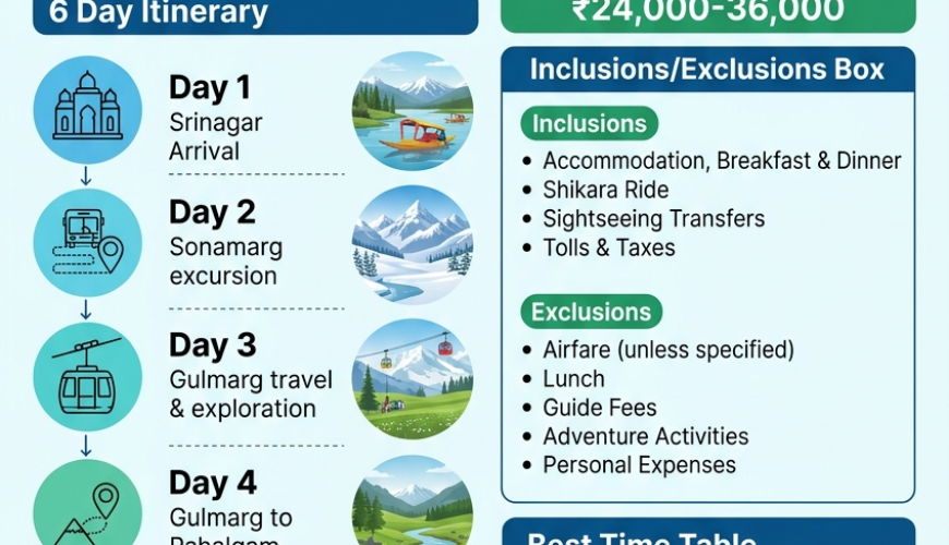 Kashmir 5 nights 6 days package cost per person 2026 infographic - pricing, itinerary, inclusions