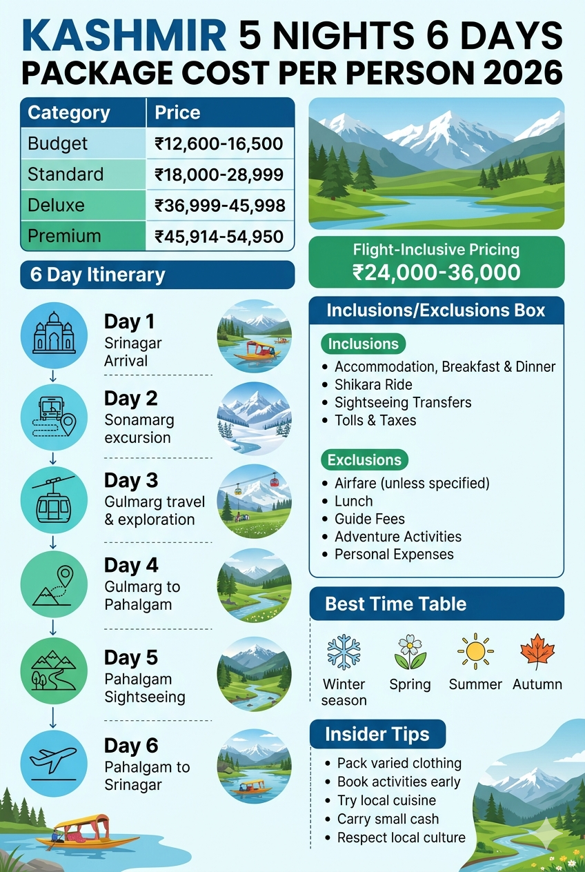 Kashmir 5 nights 6 days package cost per person 2026 infographic - pricing, itinerary, inclusions