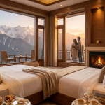 Kashmir Grand Luxury package 2026 - luxurious suite at The Khyber Himalayan Resort Gulmarg with panoramic Himalayan mountain views