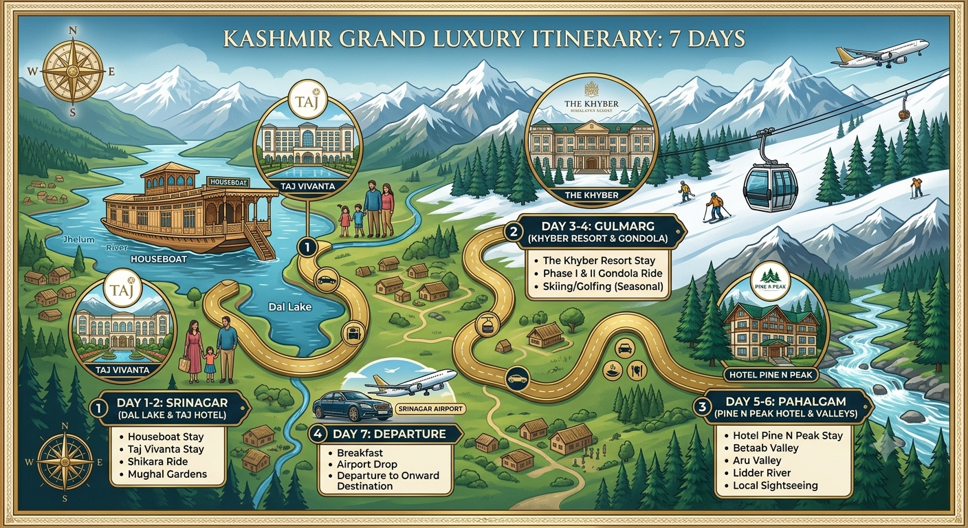 Kashmir Grand Luxury Package 2026 | 6-7 Days | ₹95,000 | 5-Star Hotels 11 Kashmir Grand Luxury package 2026 - 7 day itinerary map showing Srinagar Gulmarg Pahalgam luxury route with 5-star hotel icons