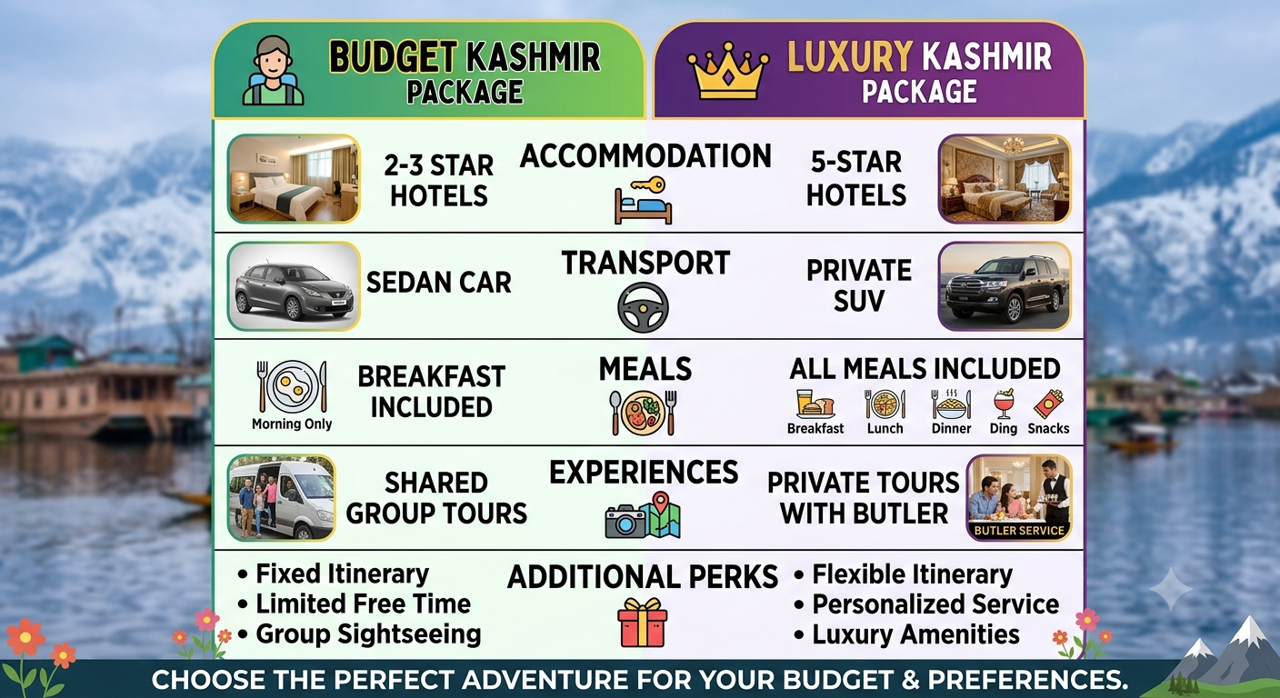 Kashmir Grand Luxury Package 2026 | 6-7 Days | ₹95,000 | 5-Star Hotels 9 Kashmir Grand Luxury package 2026 - budget vs luxury comparison infographic showing accommodation transport meals and experience differences