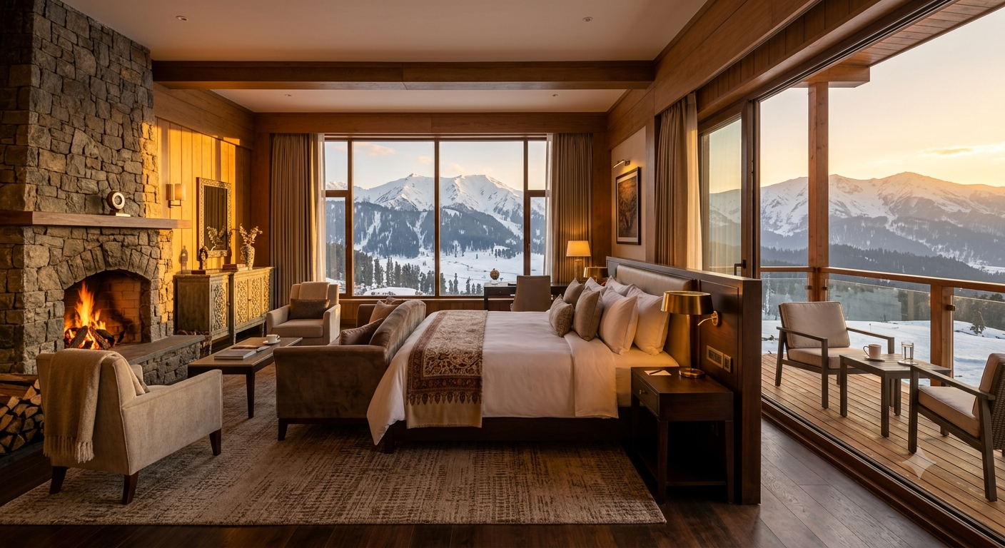 Kashmir Grand Luxury Package 2026 | 6-7 Days | ₹95,000 | 5-Star Hotels 8 Kashmir Grand Luxury package 2026 - luxurious suite at The Khyber Himalayan Resort Gulmarg overlooking snow-capped peaks