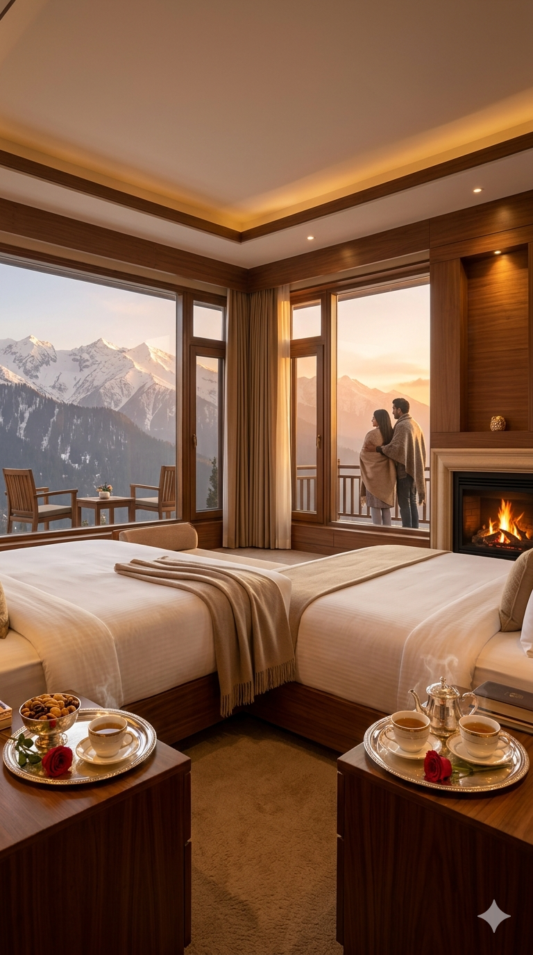 Kashmir Grand Luxury package 2026 - luxurious suite at The Khyber Himalayan Resort Gulmarg with panoramic Himalayan mountain views