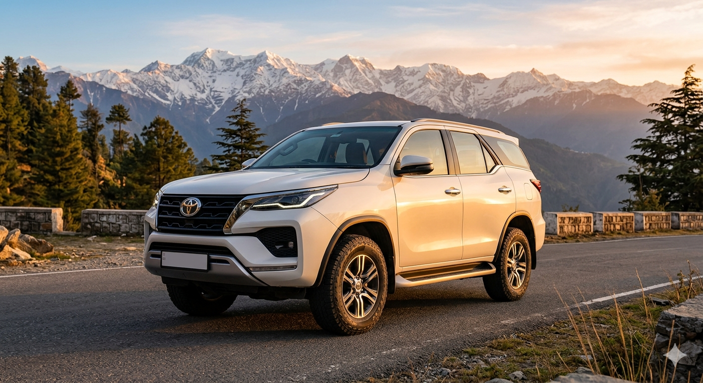 Kashmir SUV hire 2026 - Toyota Fortuner on mountain road with Himalayan peaks