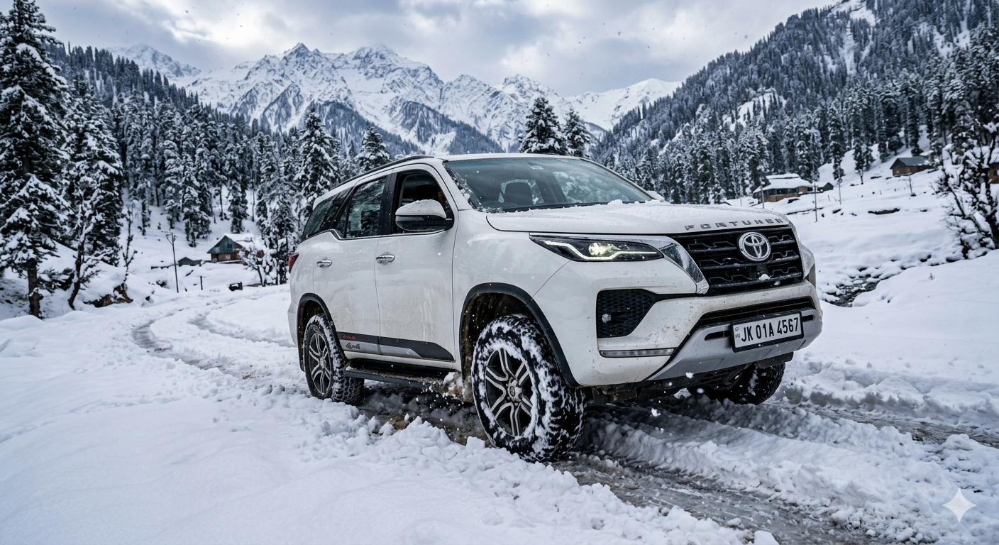 Kashmir SUV hire 2026 - Toyota Fortuner on snow-covered Gulmarg road
