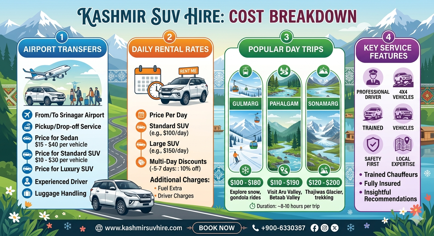 Kashmir SUV hire 2026 - complete pricing infographic