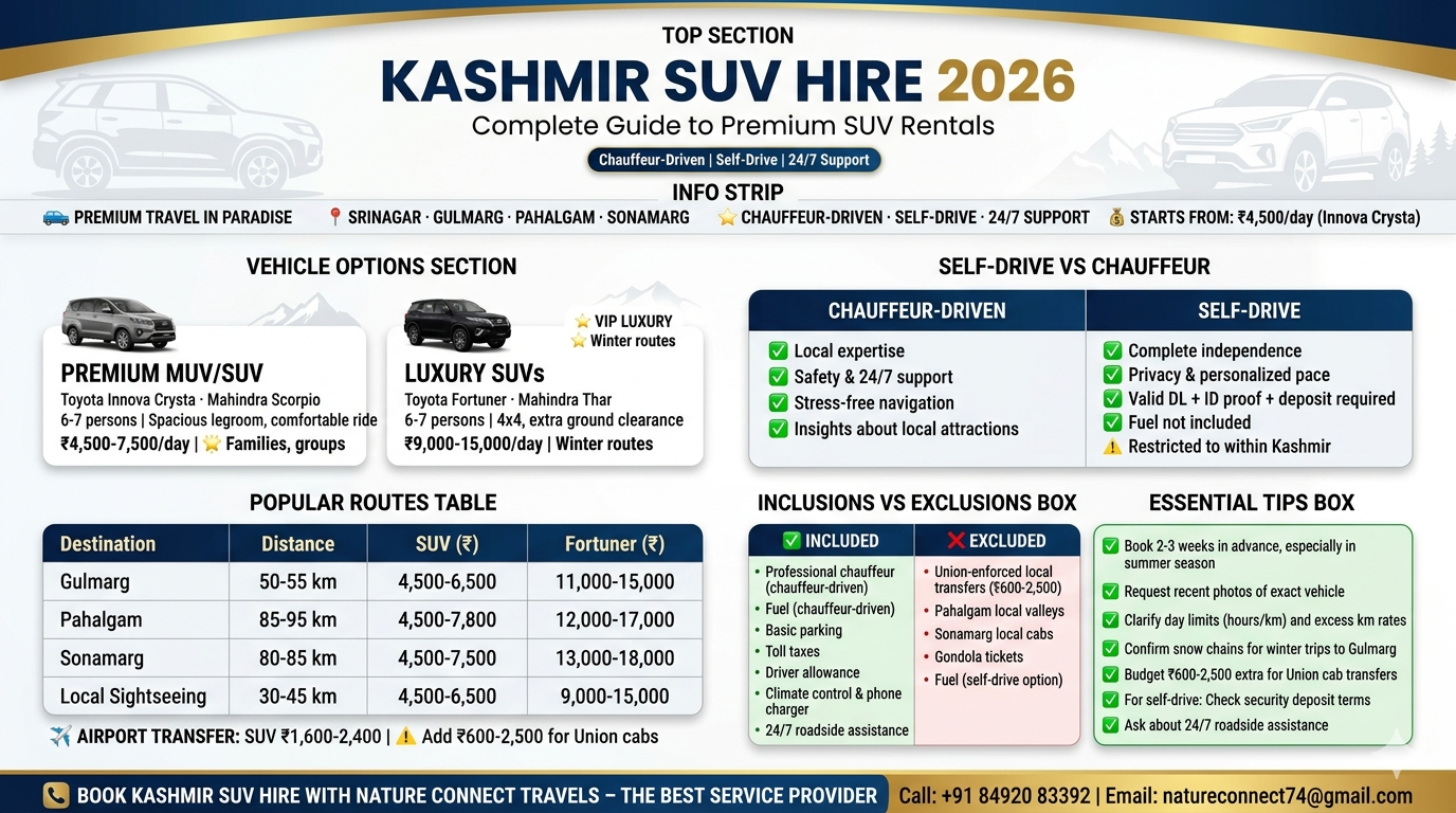 Kashmir SUV hire 2026 infographic - Toyota Fortuner 9000-15000 rupees per day, Innova Crysta 4500-7500 rupees per day, popular routes Gulmarg Pahalgam Sonamarg rates, chauffeur-driven vs self-drive comparison