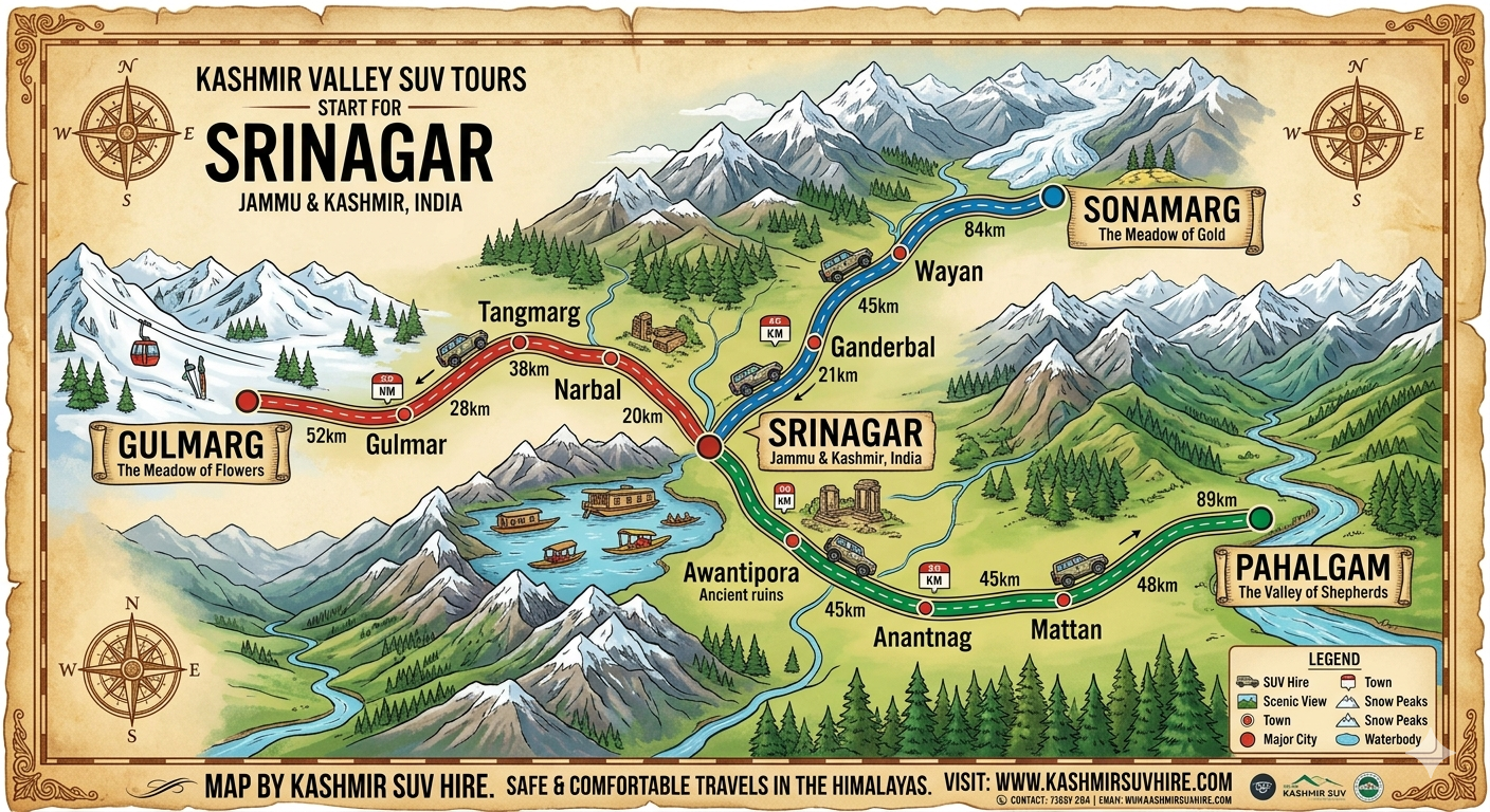 Kashmir SUV hire 2026 - route map to Gulmarg Pahalgam Sonamarg