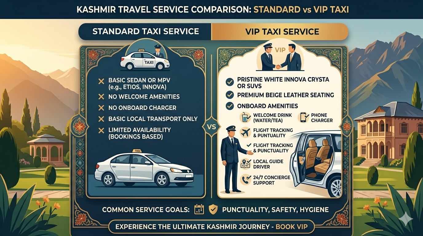 Kashmir VIP taxi service 2026 - VIP inclusions comparison showing premium welcome amenities local guide driver and 247 concierge