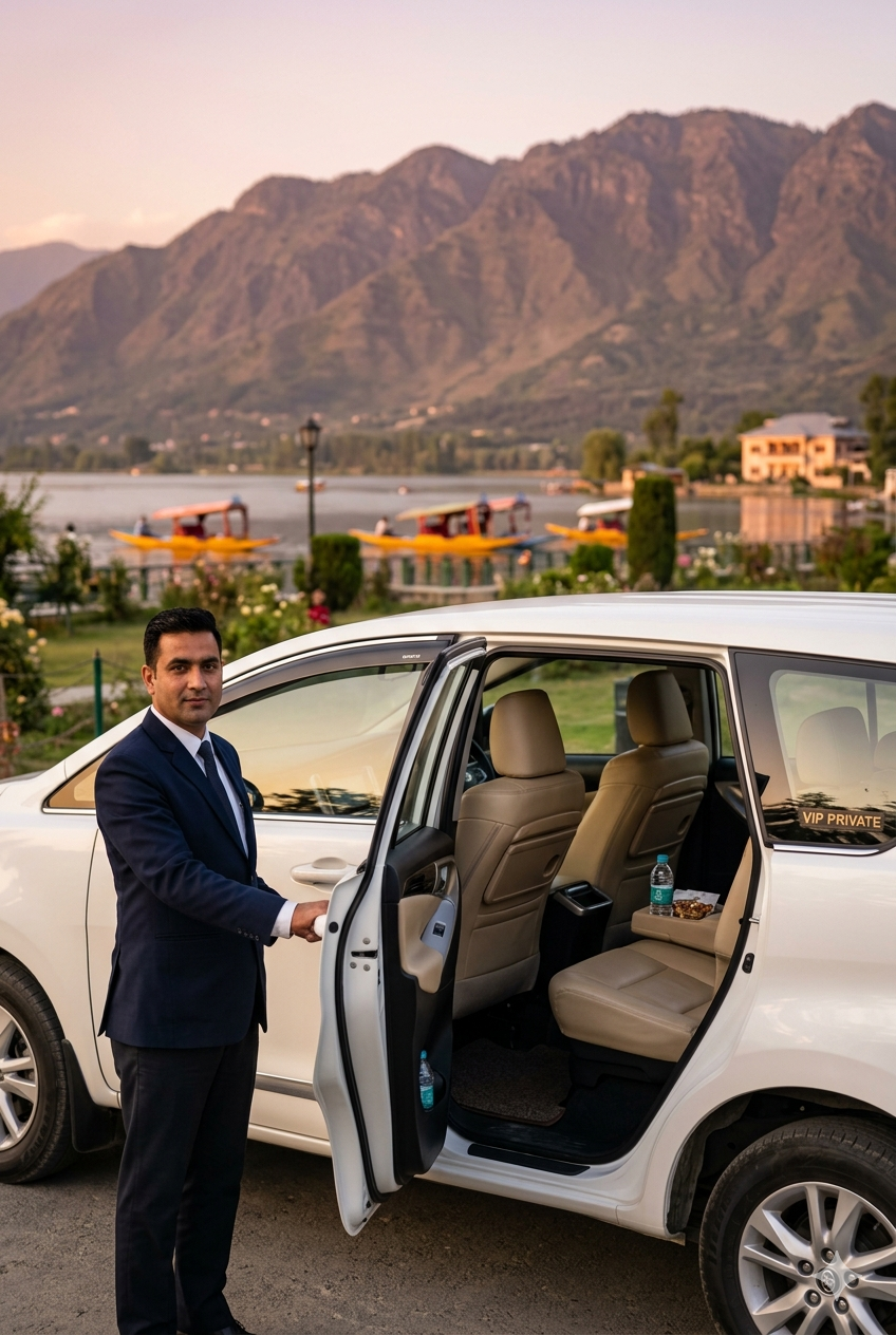Kashmir VIP taxi service 2026 - professional chauffeur in uniform with white Innova Crysta at Nishat Garden overlooking Dal Lake for premium luxury travel