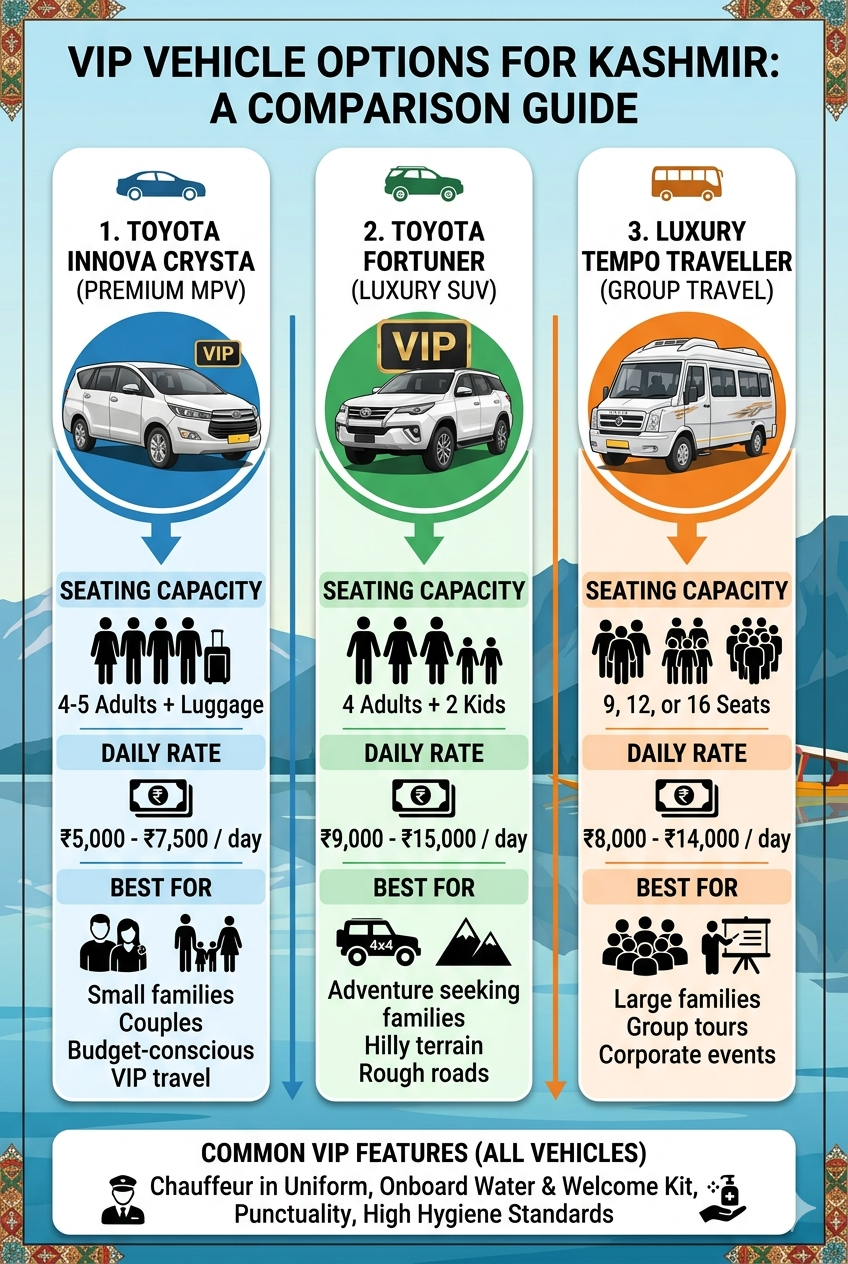 Kashmir VIP taxi service 2026 - vehicle comparison infographic Innova Crysta 5000-7500 rupees Fortuner 9000-15000 rupees Luxury Tempo 8000-14000 rupees per day