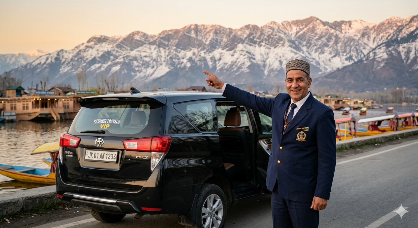 Kashmir VIP taxi service professional chauffeur in uniform with luxury Innova Crysta in front of snow-capped Himalayan mountains
