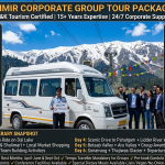 Kashmir corporate group tour package 2026 - corporate Tempo Traveller at Gulmarg Gondola base station, Mount Affarwat background, group size pricing chart 10-25 persons, 6-day itinerary, included and excluded features, J&K Tourism certified operator