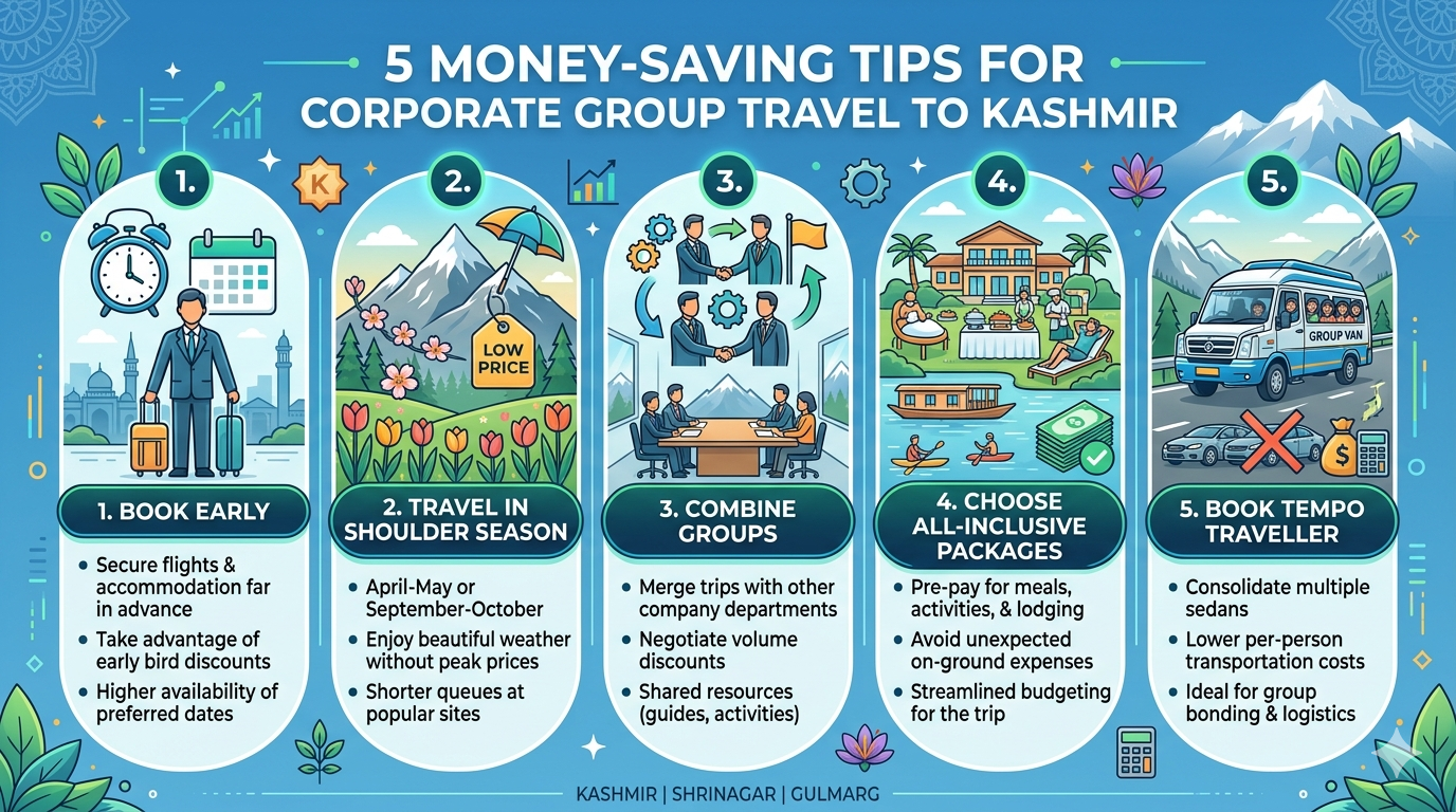Kashmir corporate group tour package - money saving tips infographic for corporate groups
