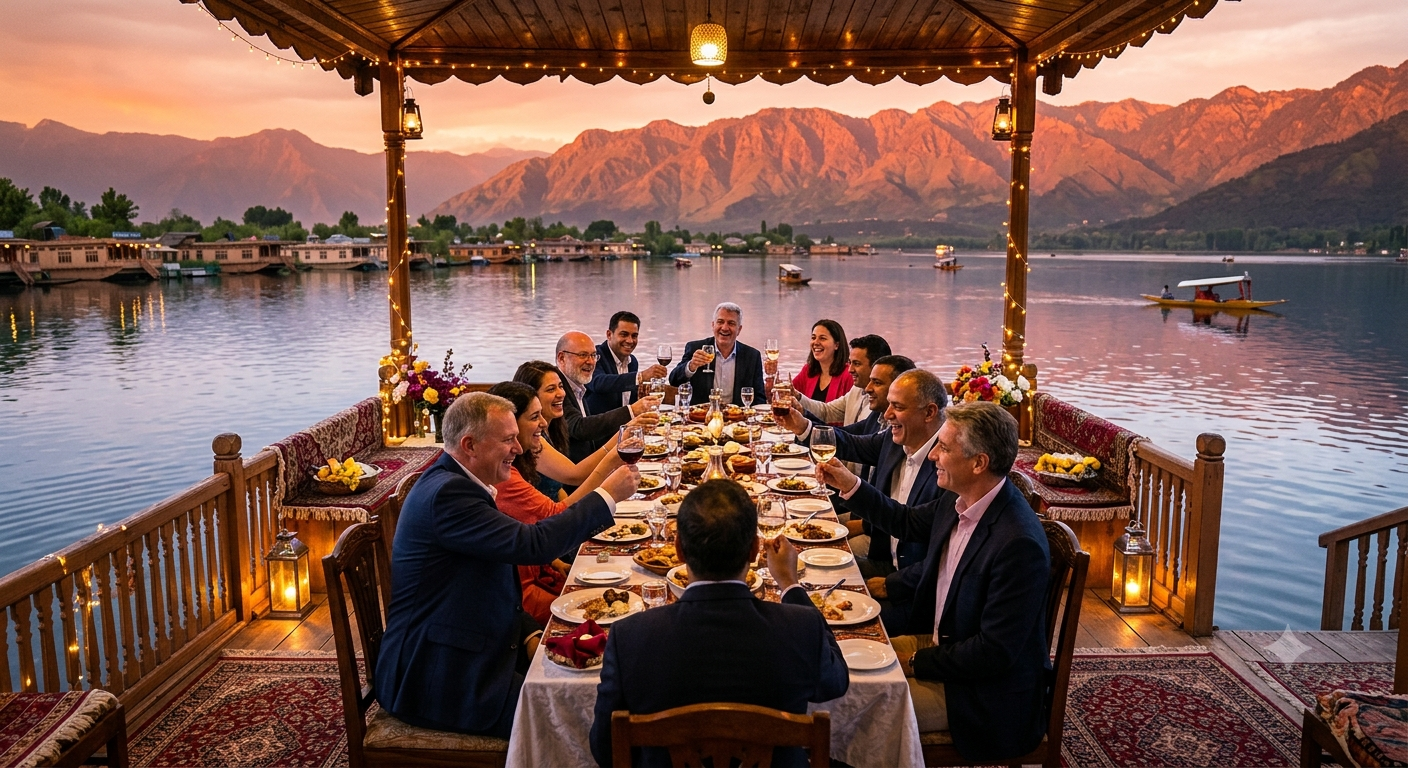 Kashmir corporate group tour package team dinner on deluxe houseboat at Dal Lake