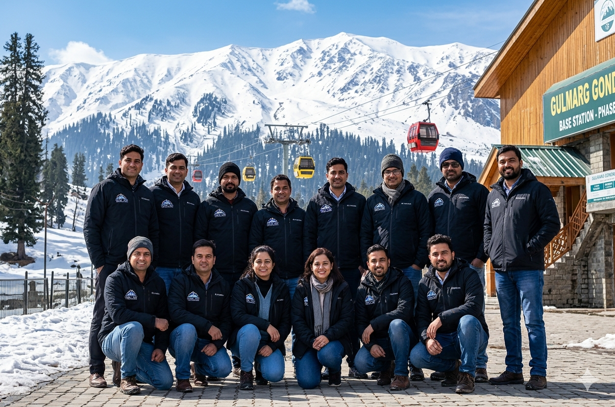 Kashmir corporate group tour package - team photo at Gulmarg Gondola with mountain backdrop